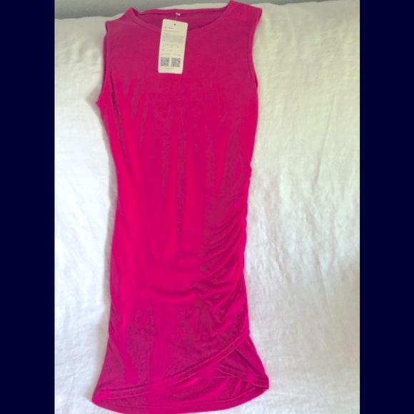 Vibrant Tank Tee Shirt HOT PINK Dress w/Ruching Bodycon - Picture 5 of 6